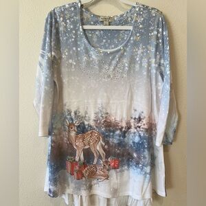 Wintertime One World Snowflakes & Rhinestones 3/4 sleeve High-Low Tunic Top Med